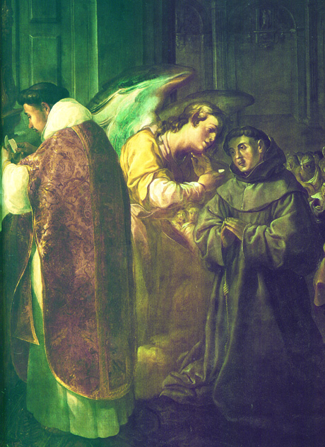 Arte sacra raffigurante la miracolosa comunione dei santi mistici amministrata dagli angeli
